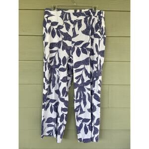 Chicos White Blue Linen Blend Leaf Print Pull On Wide Leg Pants Womens 3R 16R
